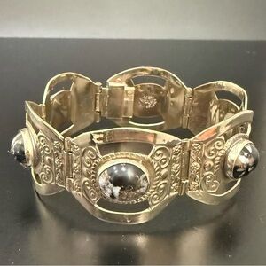 Vintage Mexican Sterling Silver Hecho Mexico Zebra Jasper Cabochon 7” Bracelet